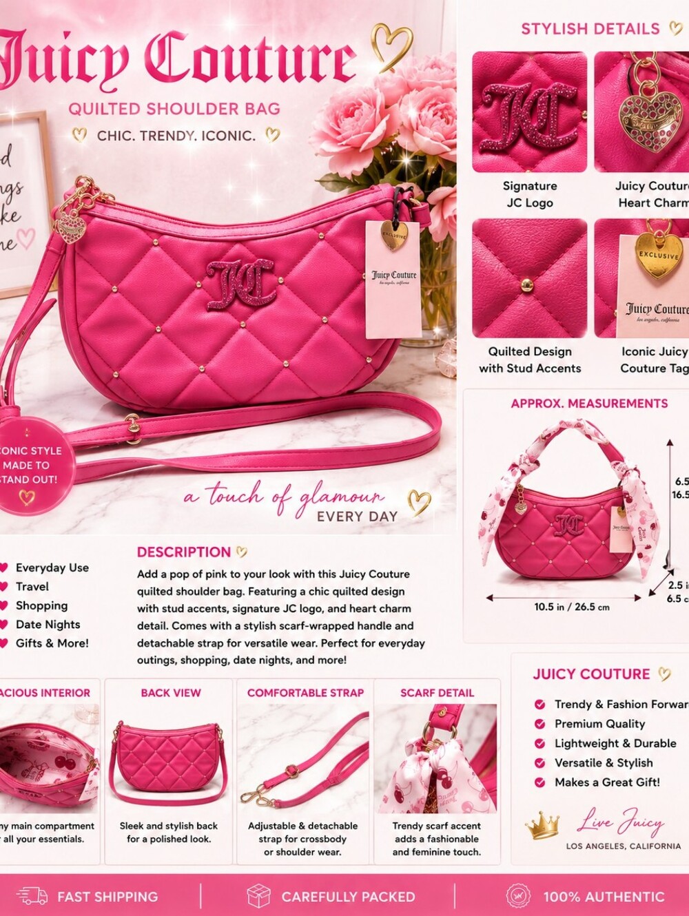 JUICY COUTURE Hot Pink Quilted Shoulder Bag with Stud Accents